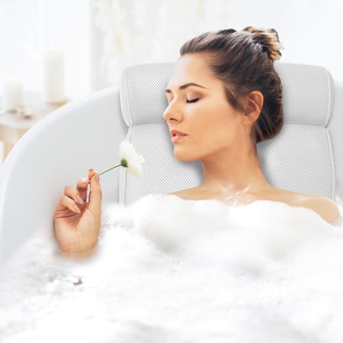 Self Care Unbothered Lifestyle Bath Pillow Bathtub Pillow with 6 Non-Slip Suction Cups,14.6x12.6 Inch, Extra Thick and Soft Air Mesh Pillow for Bath - Fits All Bathtub, Grey