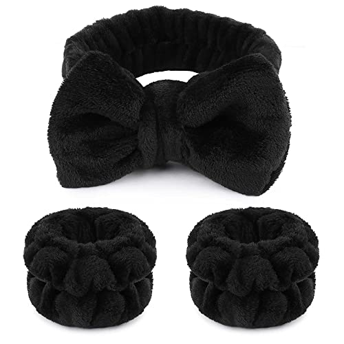 Self Care Unbothered Lifestyle: Makeup Headbands, 1pcs Black Spa Headband Fluffy Bow Tie Headband Microfiber Face Headband, and 2Pcs Wrist Spa Wash Band Absorbent Wristbands, for Washing Face Skin Care