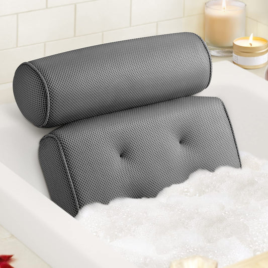 Self Care Unbothered Lifestyle Bath Pillow Bathtub Pillow with 6 Non-Slip Suction Cups,14.6x12.6 Inch, Extra Thick and Soft Air Mesh Pillow for Bath - Fits All Bathtub, Grey